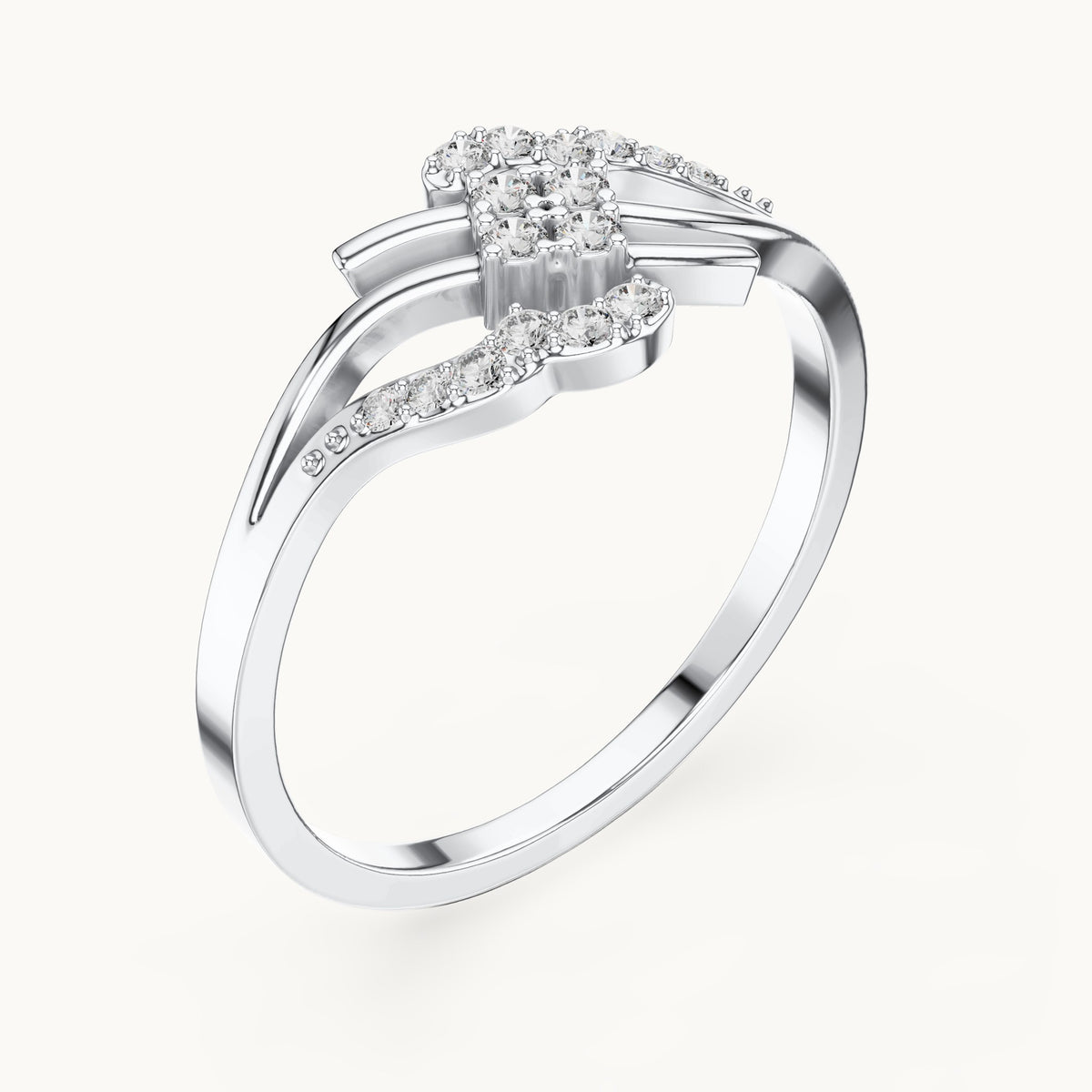 Round lab-grown diamond swirl bypass cluster ring in white gold, 0.12 CT TW, view 2