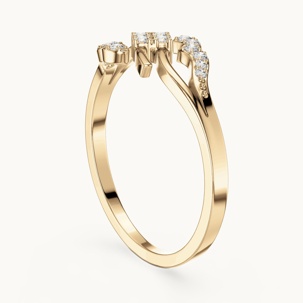 Round lab-grown diamond swirl bypass cluster ring in yellow gold, 0.12 CT TW, view 1