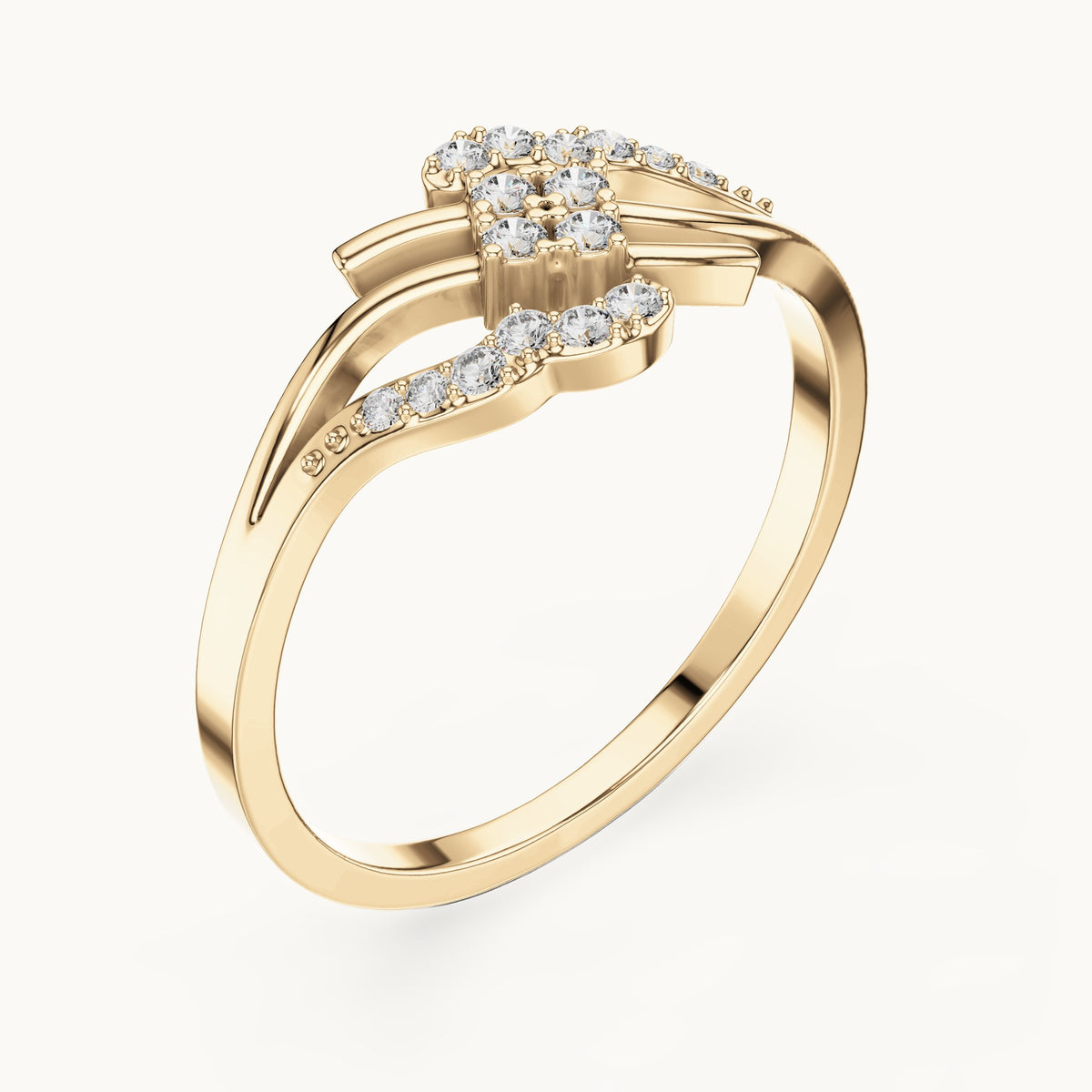 Round lab-grown diamond swirl bypass cluster ring in yellow gold, 0.12 CT TW, view 2