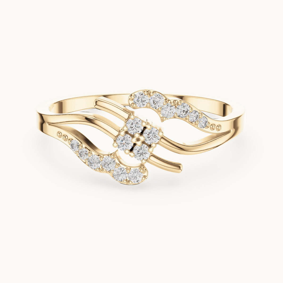 Round lab-grown diamond swirl bypass cluster ring in yellow gold, 0.12 CT TW, view 4