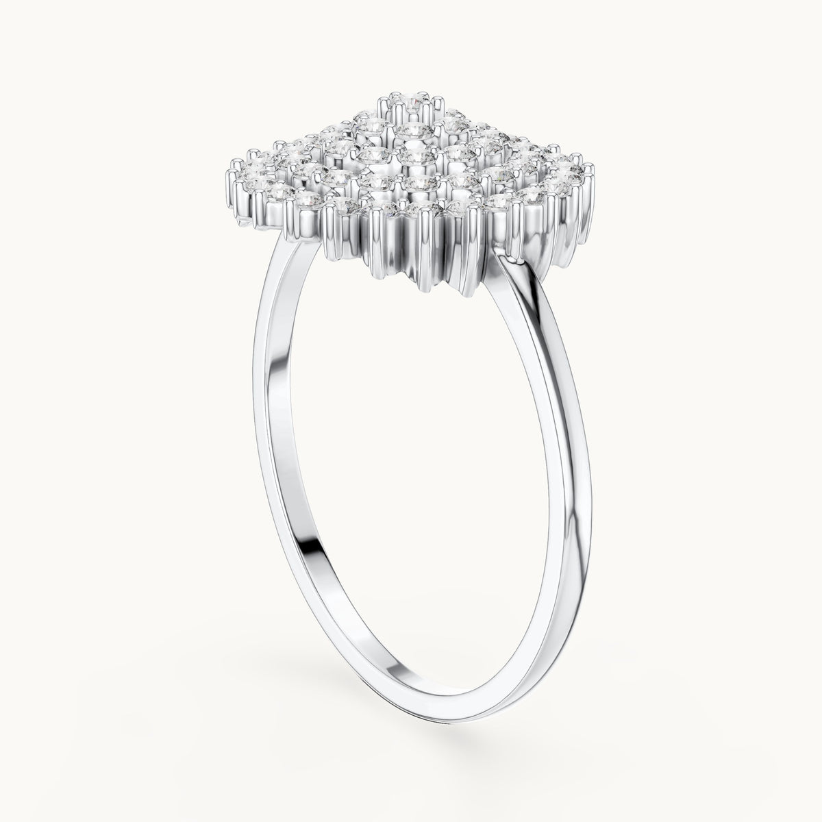 Round lab-grown diamond pave starburst cluster ring in white gold, 0.495 CT TW, view 1