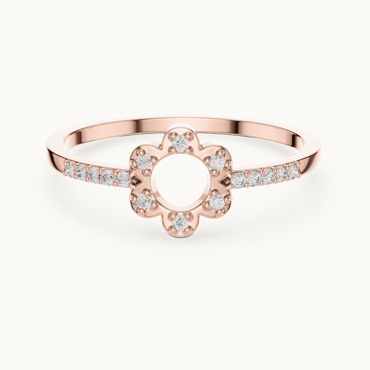 Round lab-grown diamond halo circle ring with pavé band in rose gold, 0.08 CT TW, view 4
