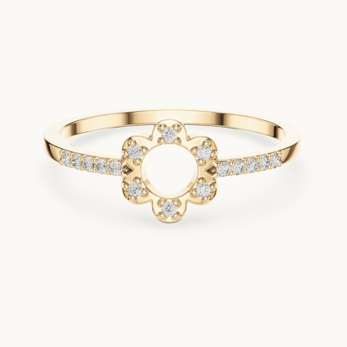 Round lab-grown diamond halo circle ring with pavé band in yellow gold, 0.08 CT TW, view 4