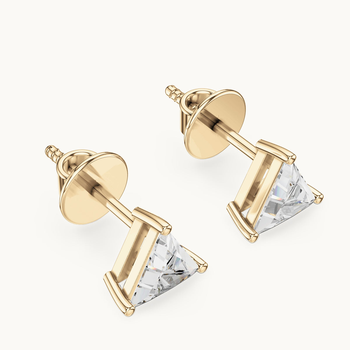 Trillion lab-grown diamond solitaire stud earrings in yellow gold, 1.30 CT TW, view 2