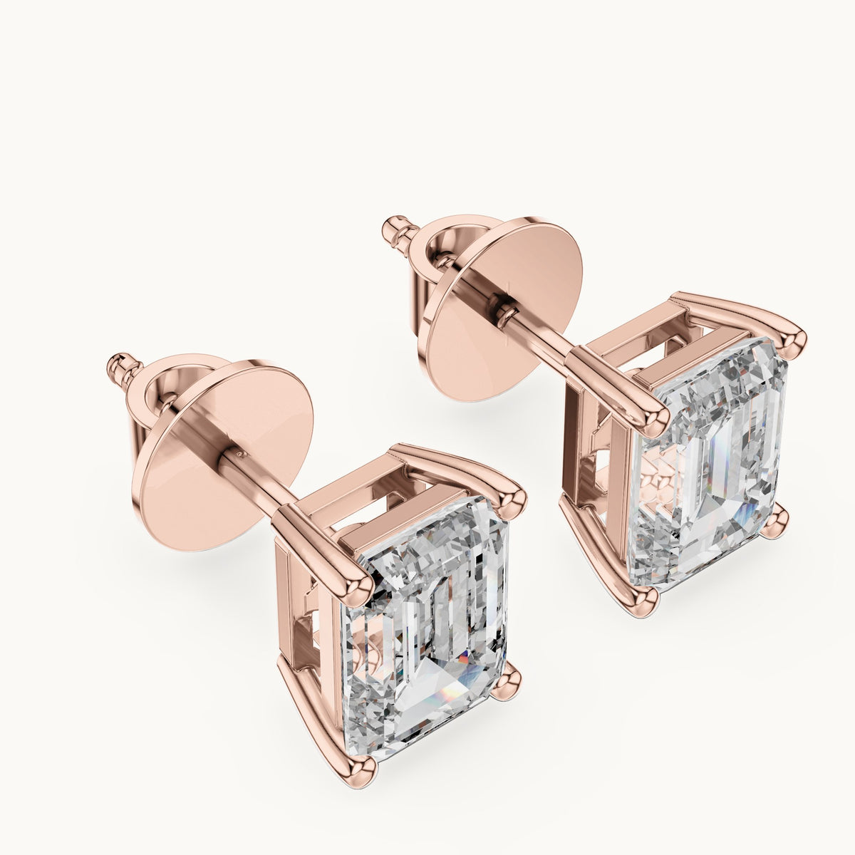Emerald-cut lab-grown diamond solitaire stud earrings in rose gold, 2.50 CT TW, view 2