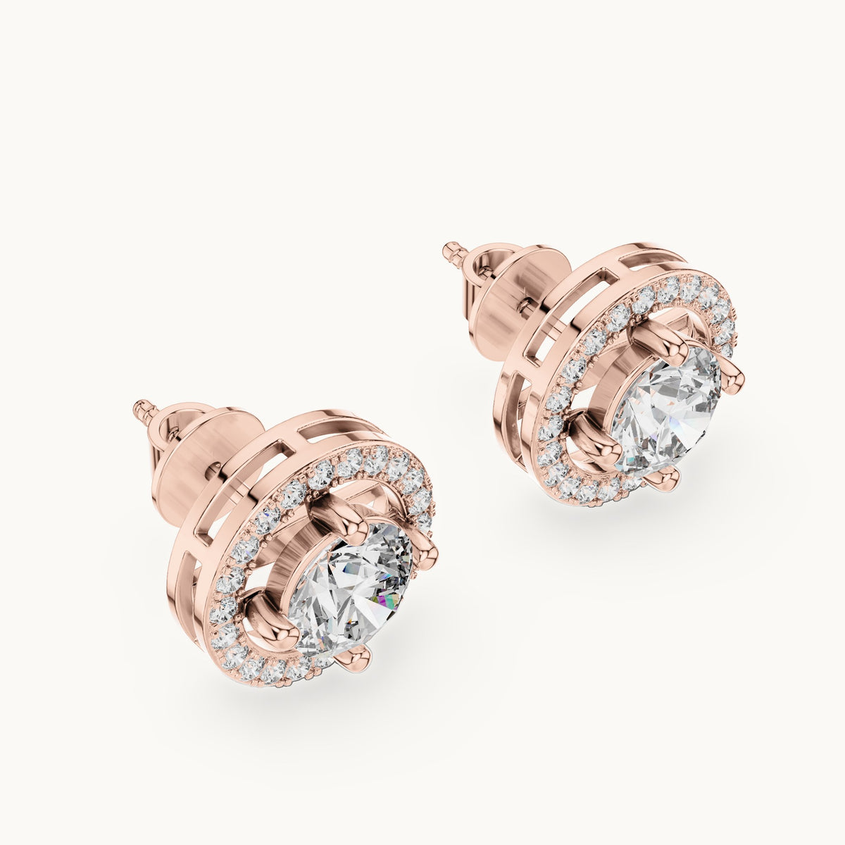 Round lab-grown diamond floating halo stud earrings in rose gold, 2.528 CT TW, view 2
