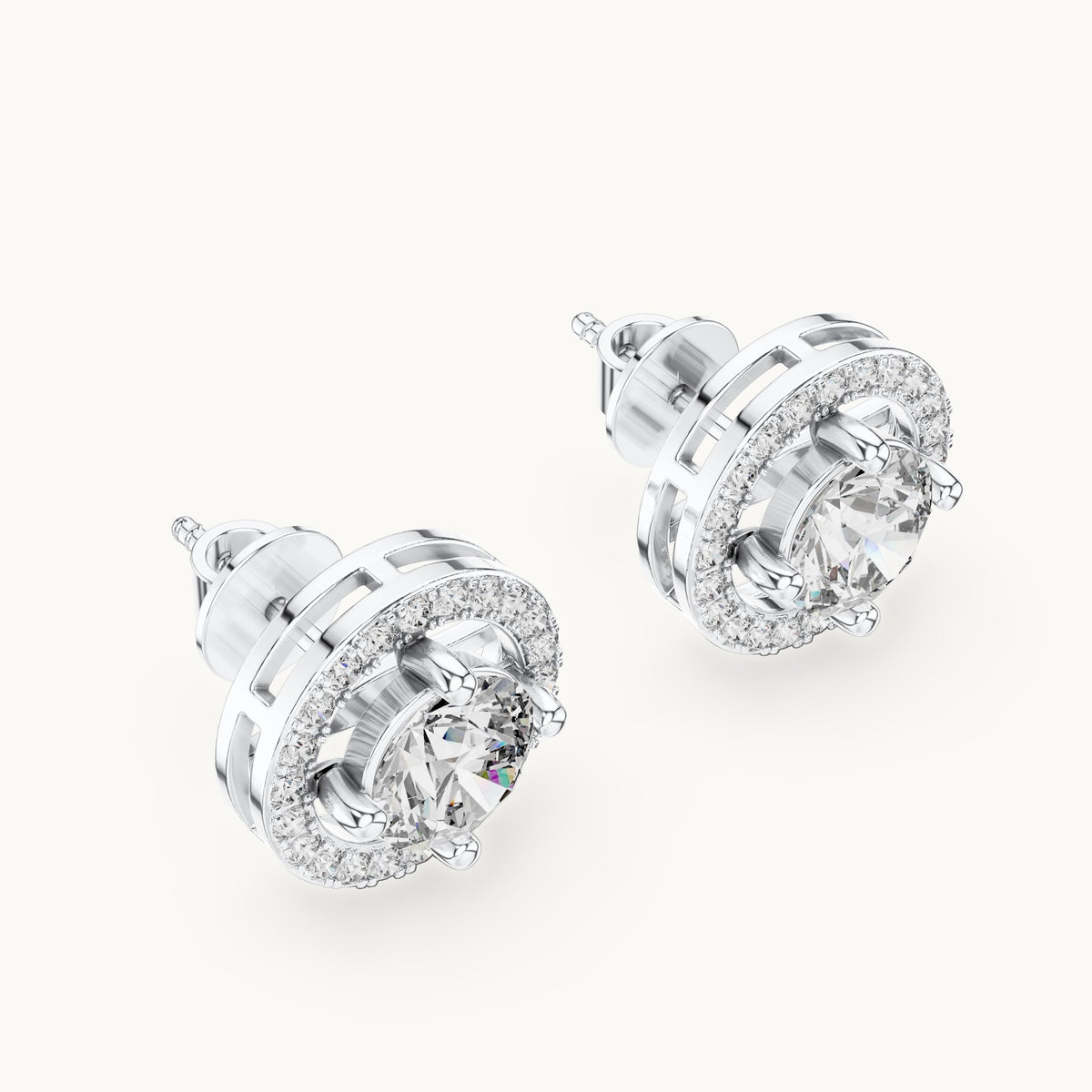 Round lab-grown diamond floating halo stud earrings in white gold, 2.528 CT TW, view 2