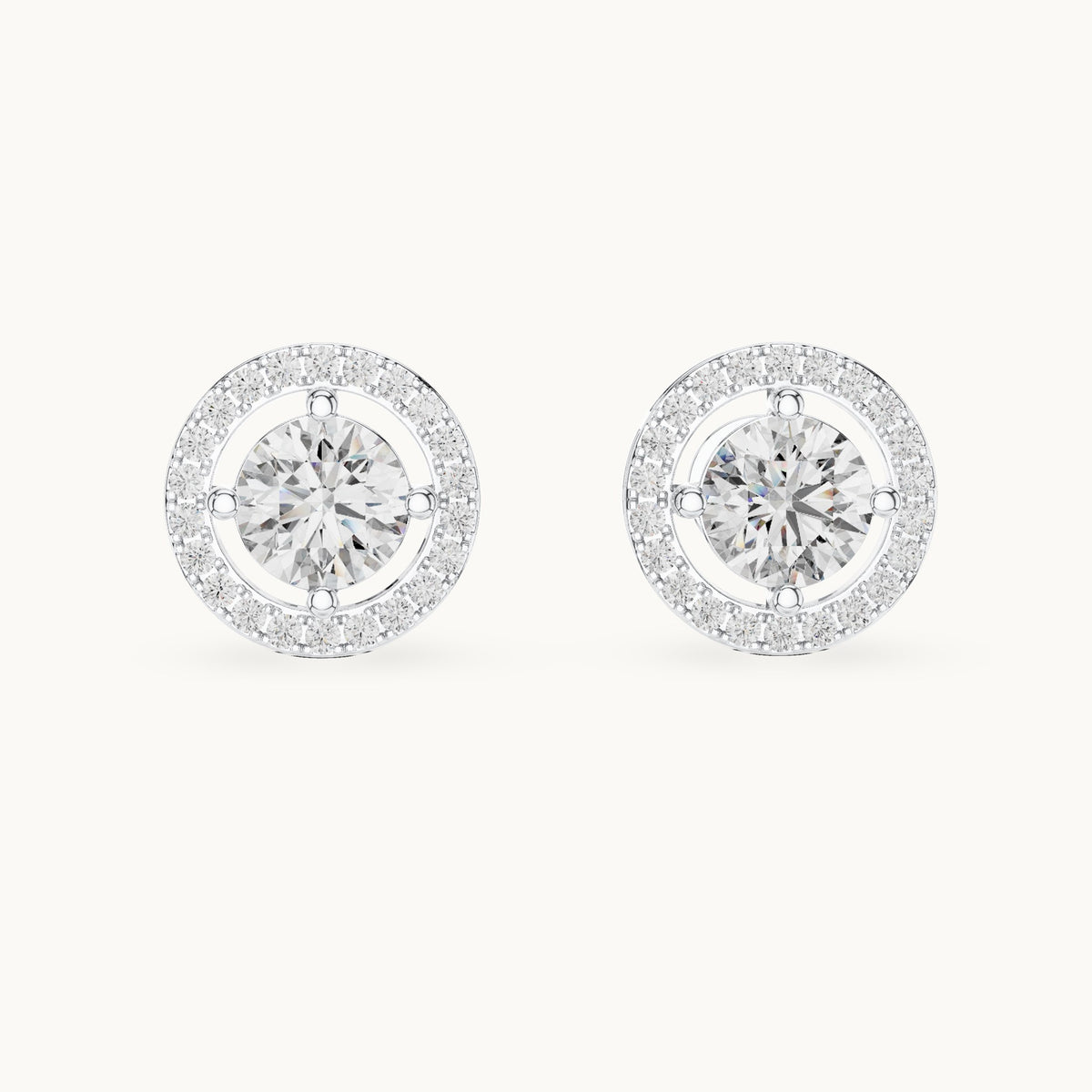 Round lab-grown diamond floating halo stud earrings in white gold, 2.528 CT TW, view 4