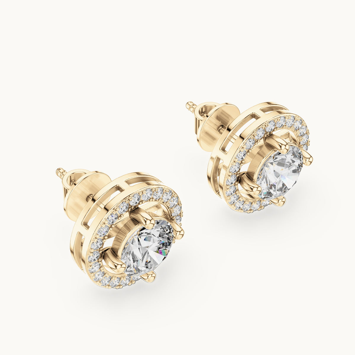 Round lab-grown diamond floating halo stud earrings in yellow gold, 2.528 CT TW, view 2