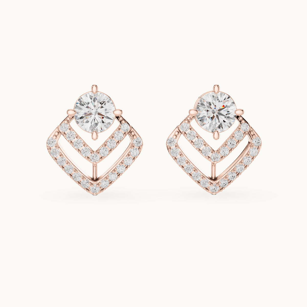 Round lab-grown diamond chevron stud earrings in rose gold, 3.412 CT TW, view 4