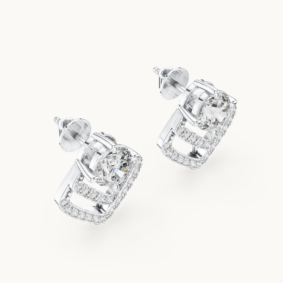 Round lab-grown diamond chevron stud earrings in white gold, 3.412 CT TW, view 2