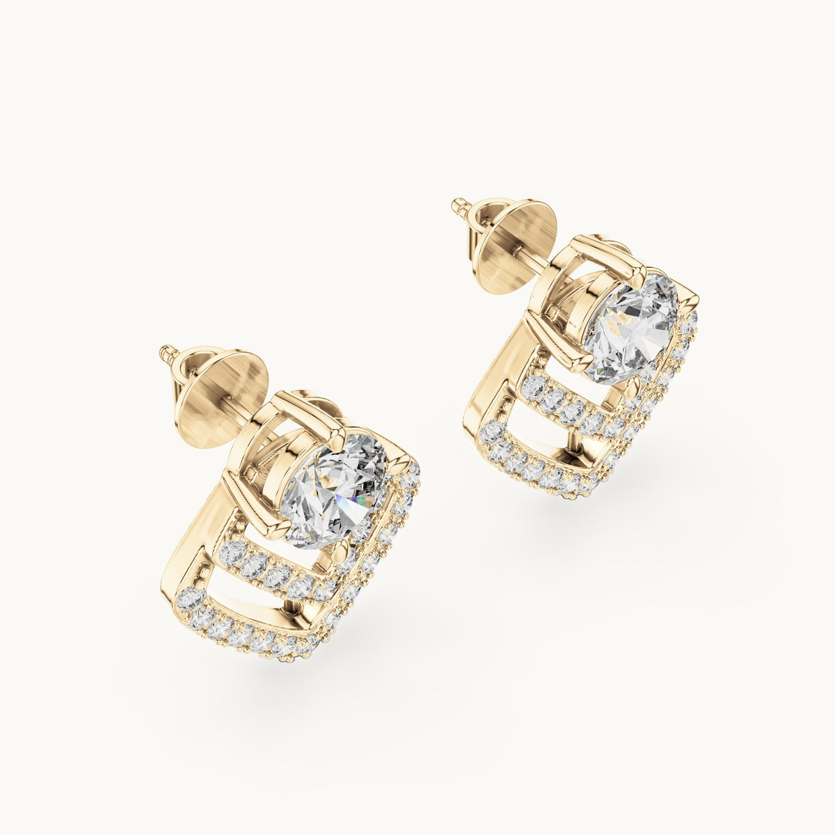 Round lab-grown diamond chevron stud earrings in yellow gold, 3.412 CT TW, view 2
