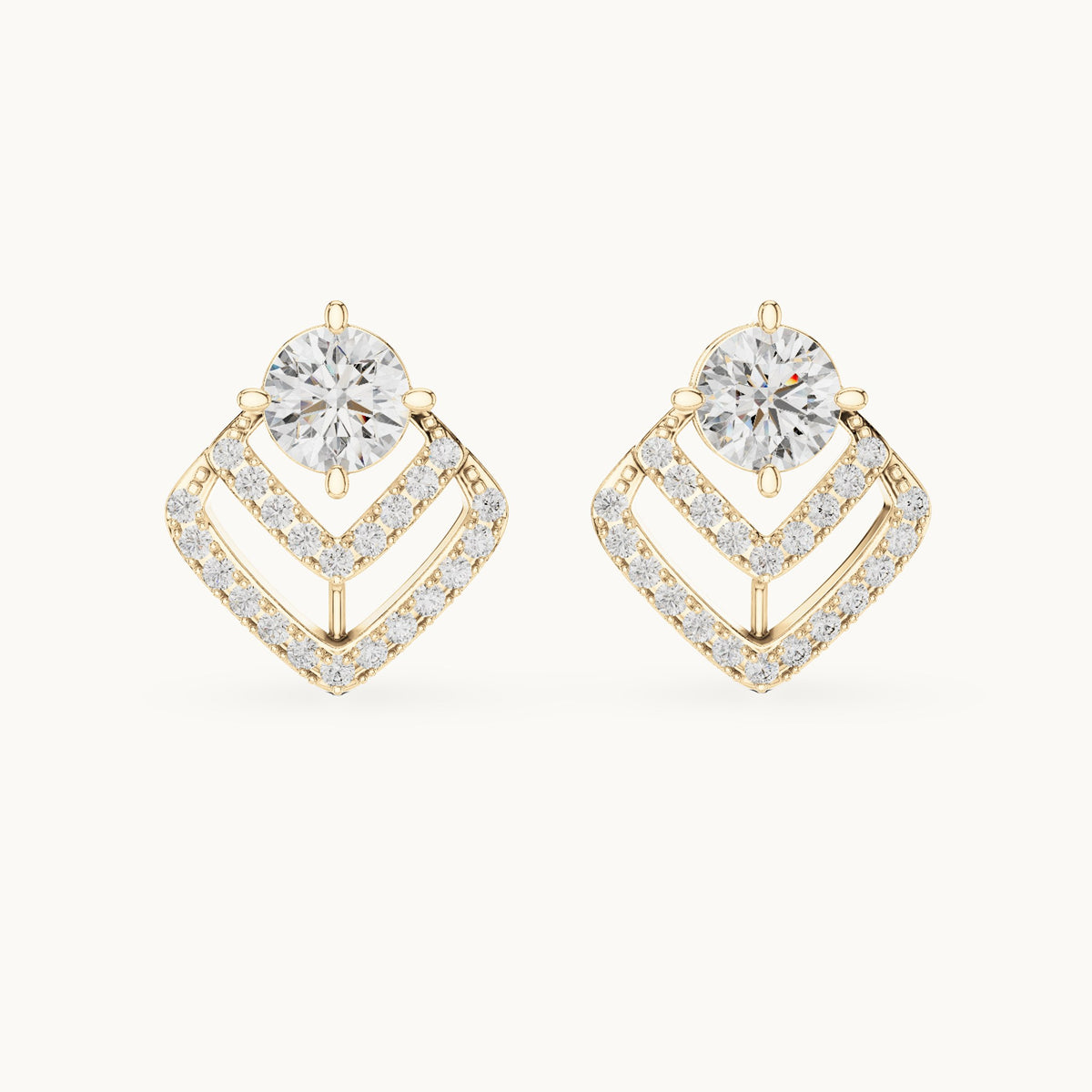 Round lab-grown diamond chevron stud earrings in yellow gold, 3.412 CT TW, view 4