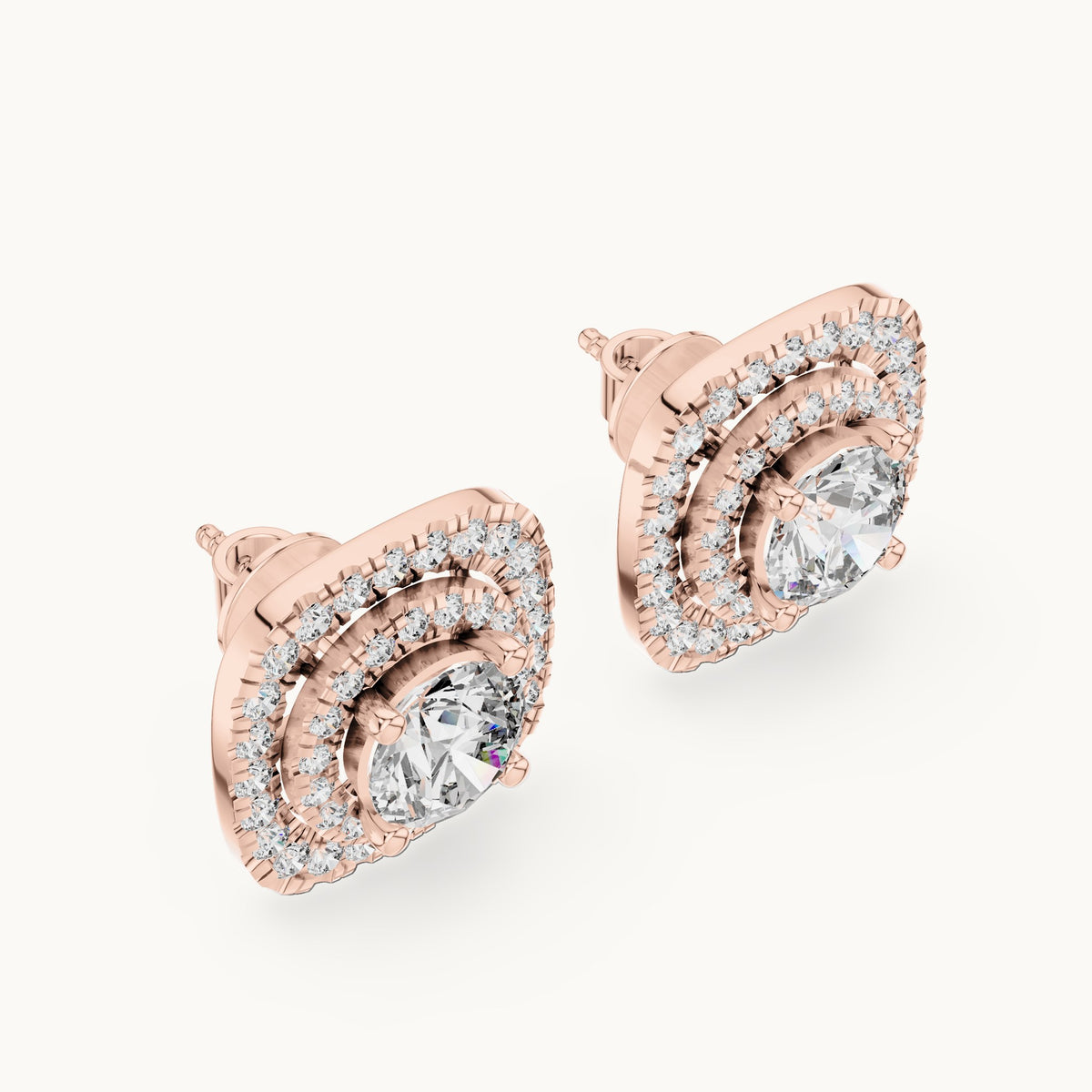 Round lab-grown diamond cushion double halo stud earrings in rose gold, 3.892 CT TW, view 2