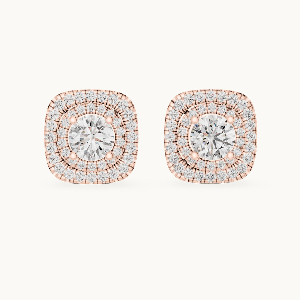 Round lab-grown diamond cushion double halo stud earrings in rose gold, 3.892 CT TW, view 4