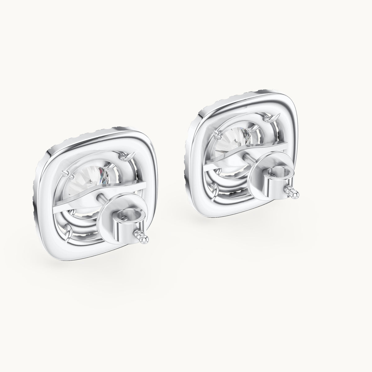 Round lab-grown diamond cushion double halo stud earrings in white gold, 3.892 CT TW, view 3