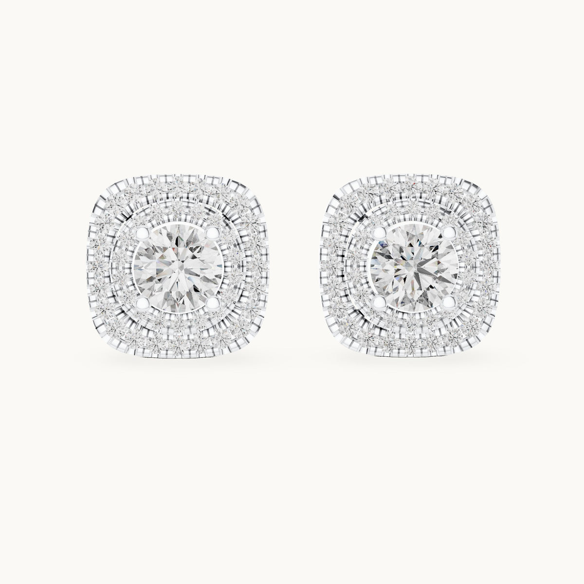 Round lab-grown diamond cushion double halo stud earrings in white gold, 3.892 CT TW, view 4
