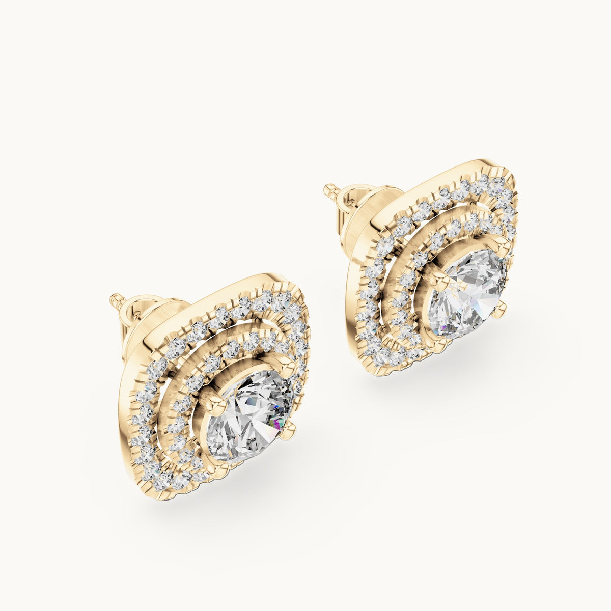 Round lab-grown diamond cushion double halo stud earrings in yellow gold, 3.892 CT TW, view 2