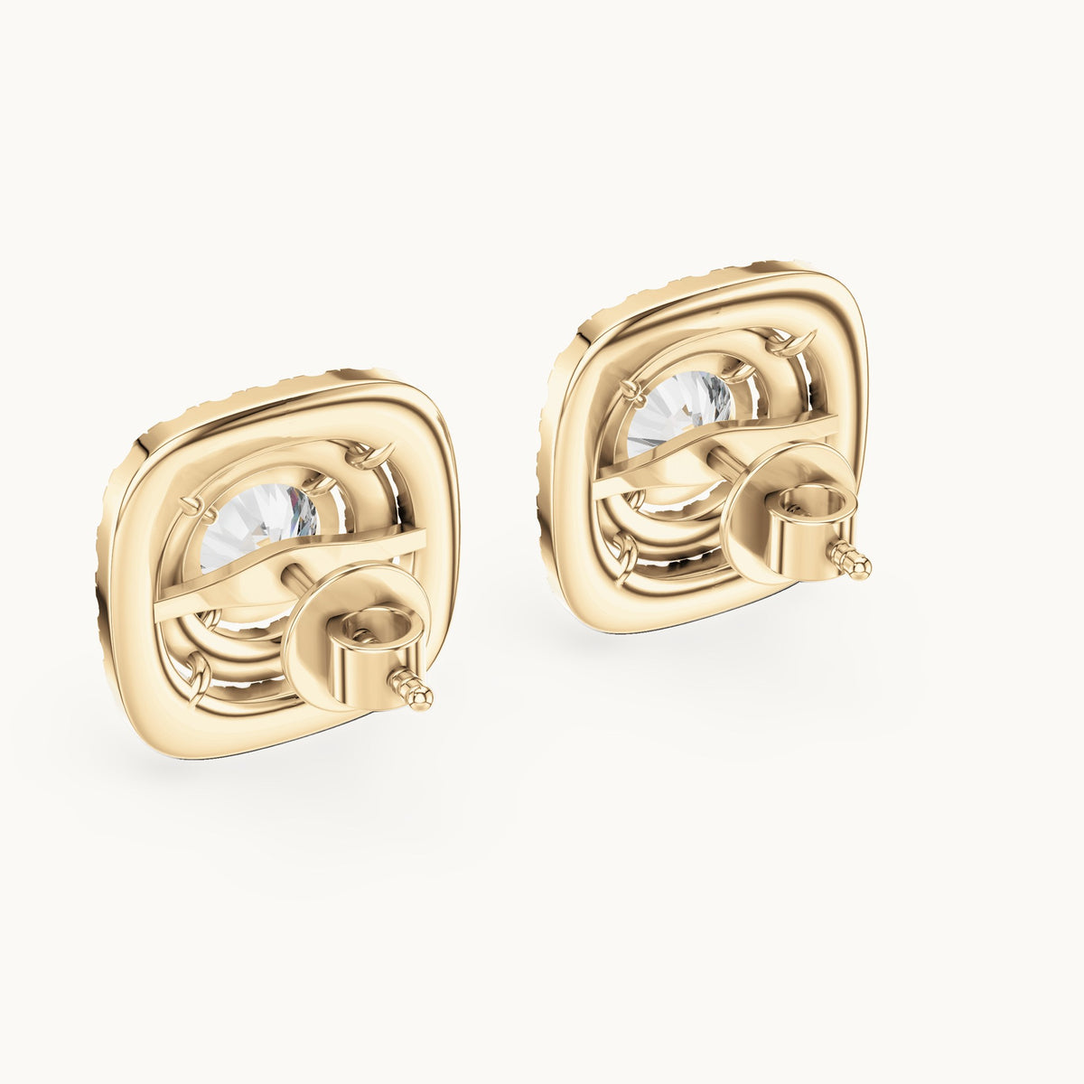 Round lab-grown diamond cushion double halo stud earrings in yellow gold, 3.892 CT TW, view 3