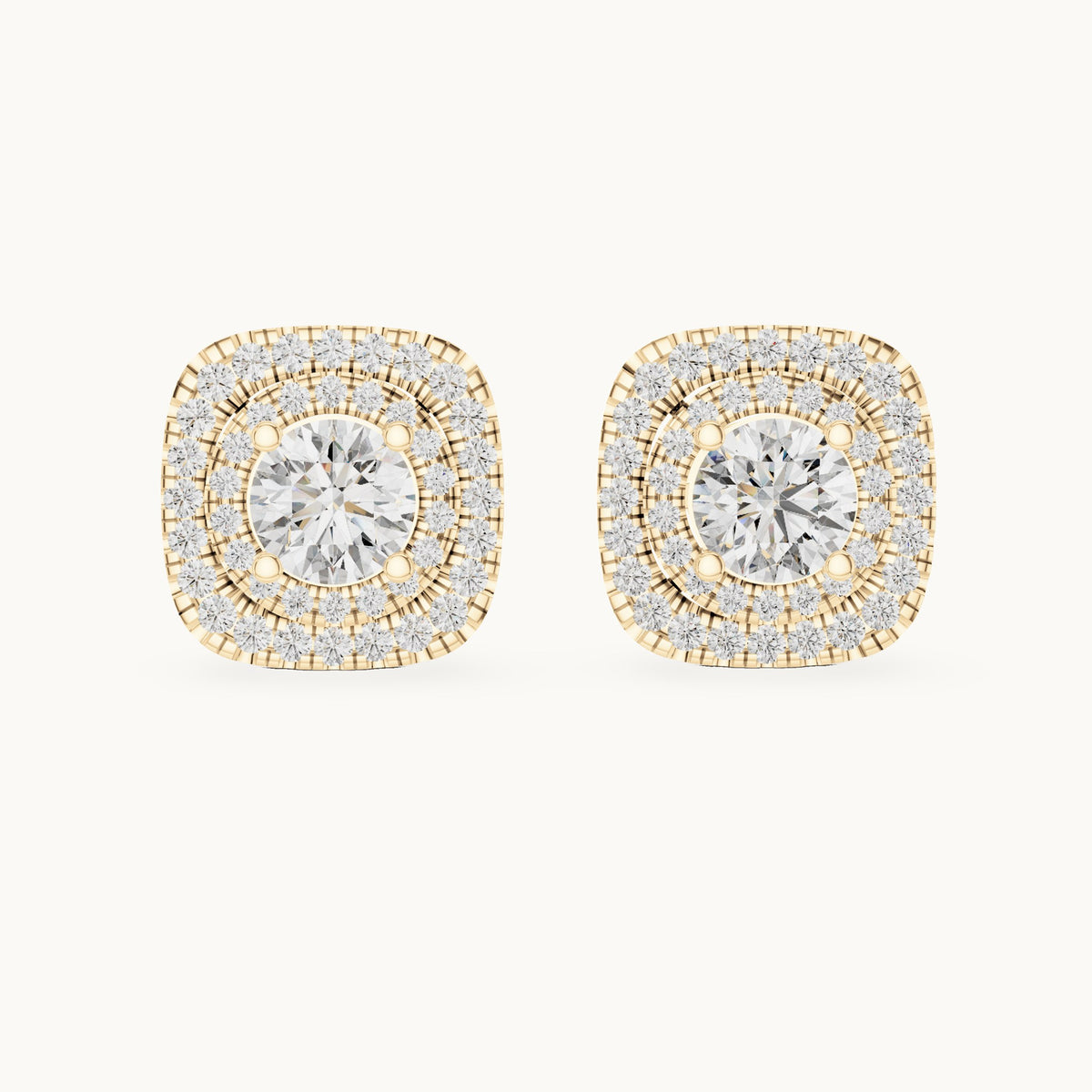 Round lab-grown diamond cushion double halo stud earrings in yellow gold, 3.892 CT TW, view 4