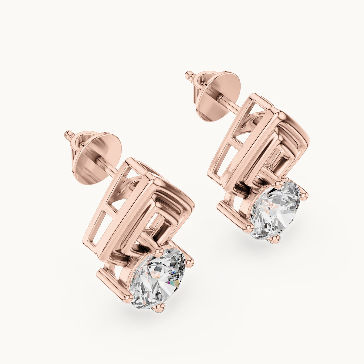 Round lab-grown diamond geometric stud earrings in rose gold, 2.50 CT TW, view 2