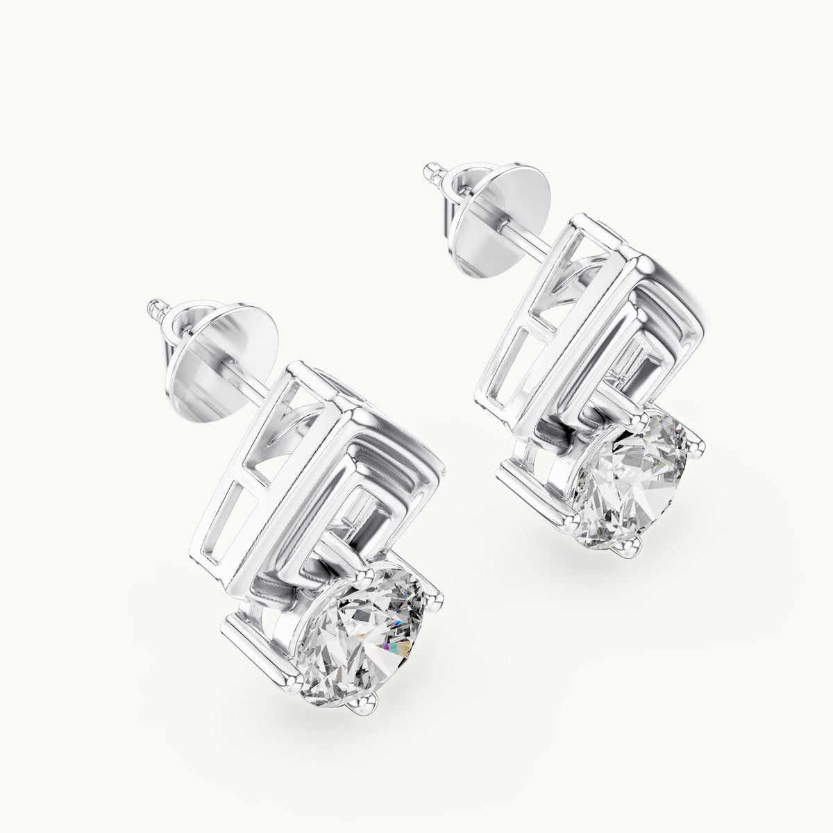 Round lab-grown diamond geometric stud earrings in white gold, 2.50 CT TW, view 2