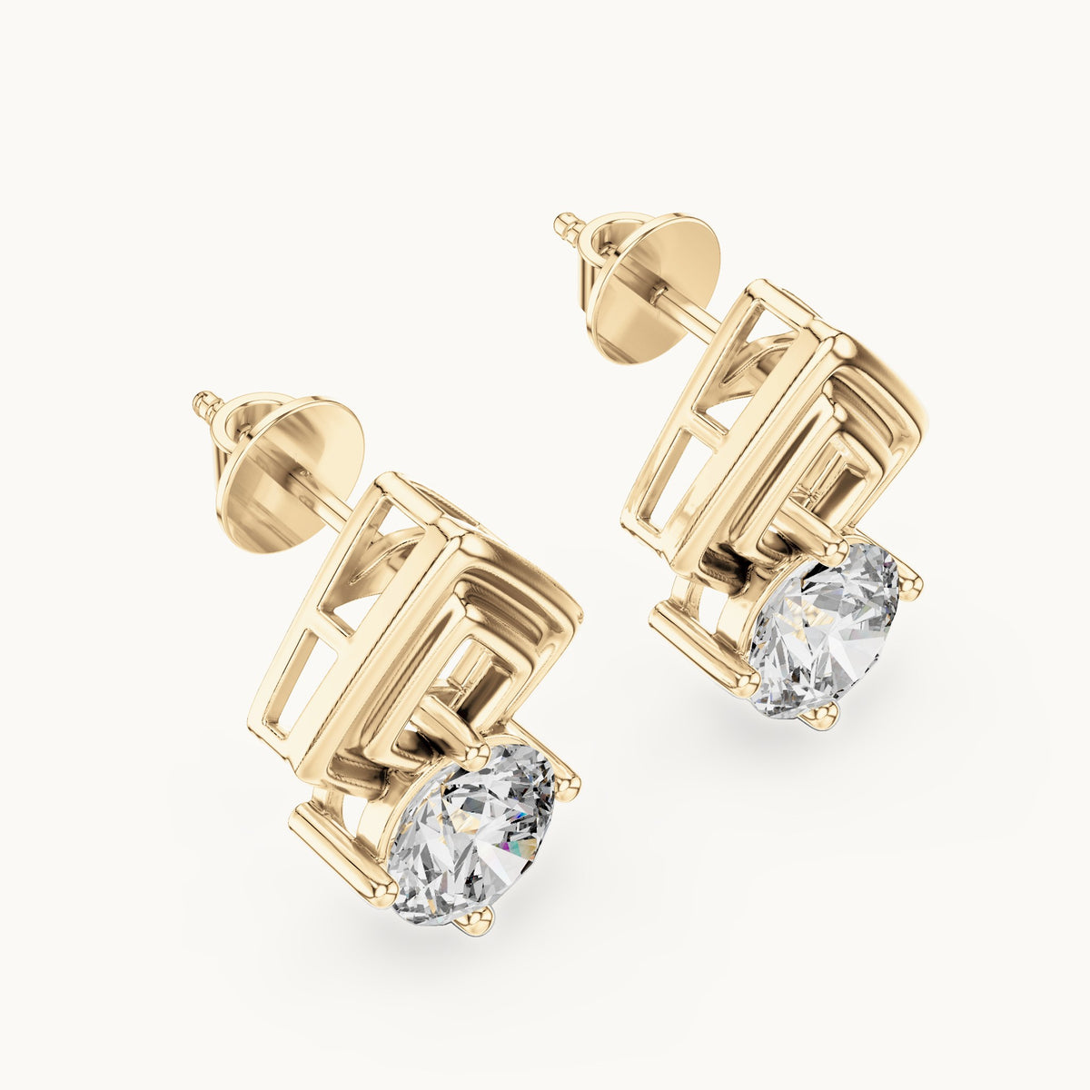 Round lab-grown diamond geometric stud earrings in yellow gold, 2.50 CT TW, view 2