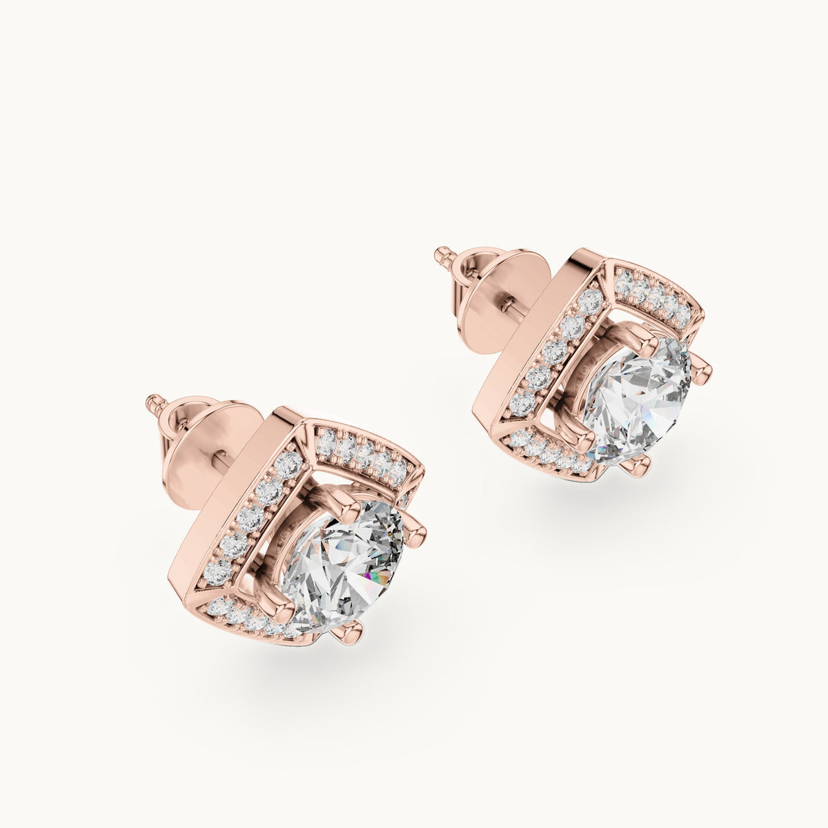 Round lab-grown diamond square halo stud earrings in rose gold, 2.98 CT TW, view 2