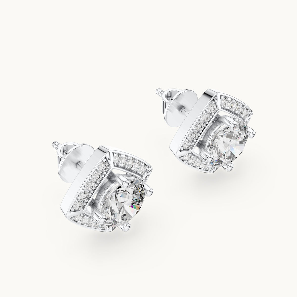 Round lab-grown diamond square halo stud earrings in white gold, 2.98 CT TW, view 2