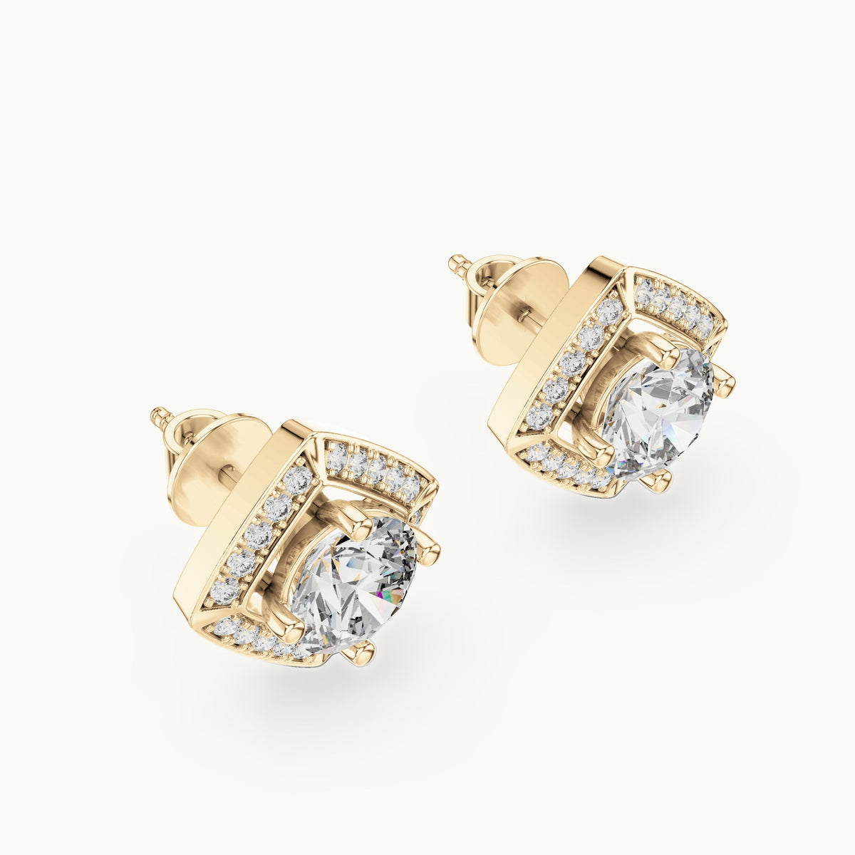 Round lab-grown diamond square halo stud earrings in yellow gold, 2.98 CT TW, view 2
