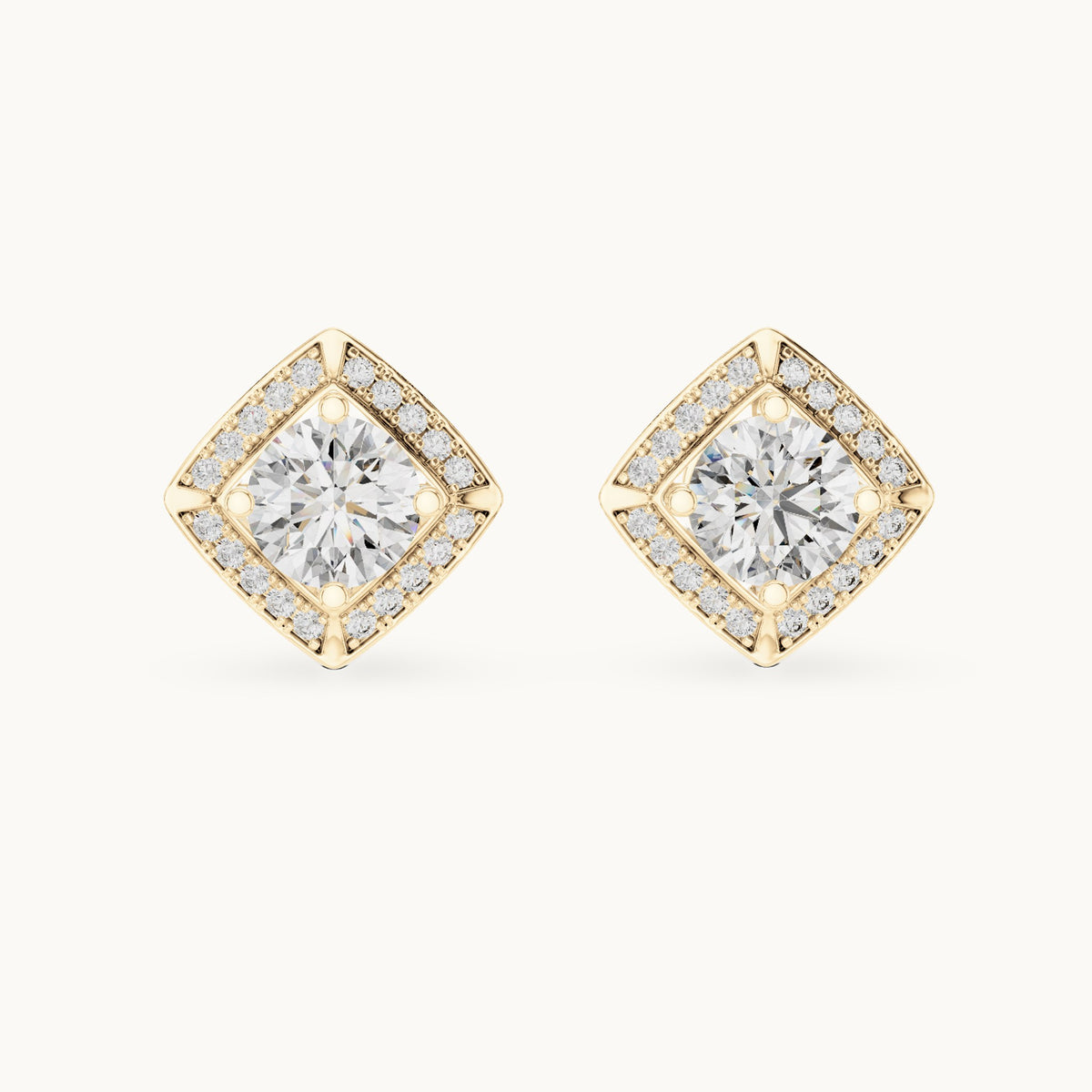 Round lab-grown diamond square halo stud earrings in yellow gold, 2.98 CT TW, view 4