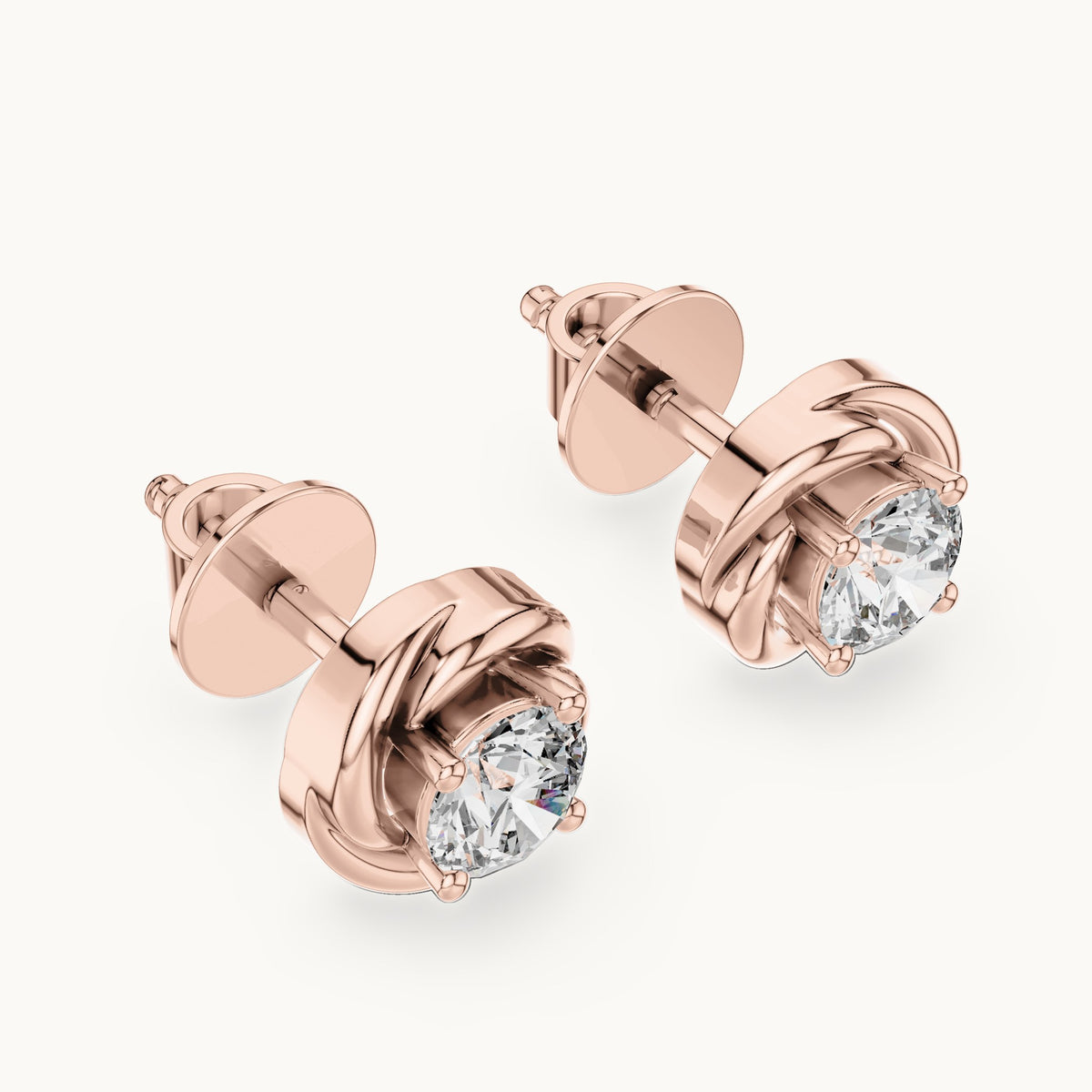 Round lab-grown diamond swirl bezel stud earrings in rose gold, 0.478 CT TW, view 2