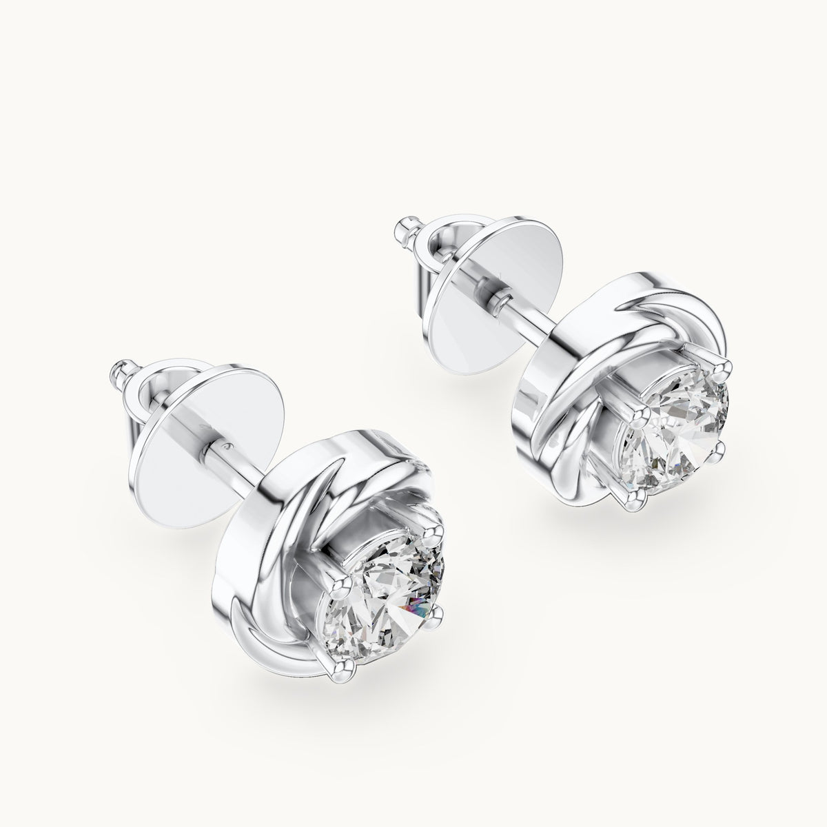 Round lab-grown diamond swirl bezel stud earrings in white gold, 0.478 CT TW, view 2
