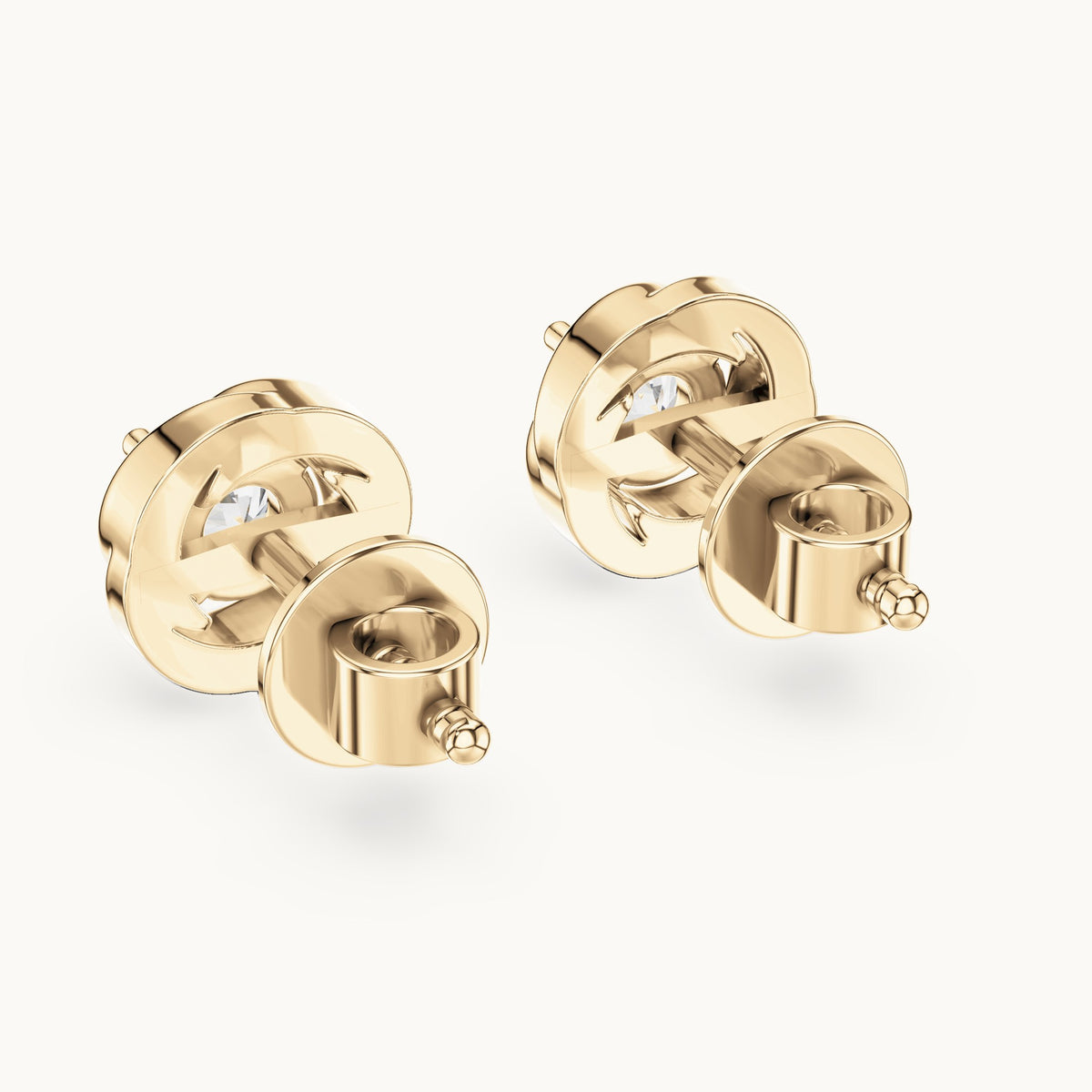 Round lab-grown diamond swirl bezel stud earrings in yellow gold, 0.478 CT TW, view 3