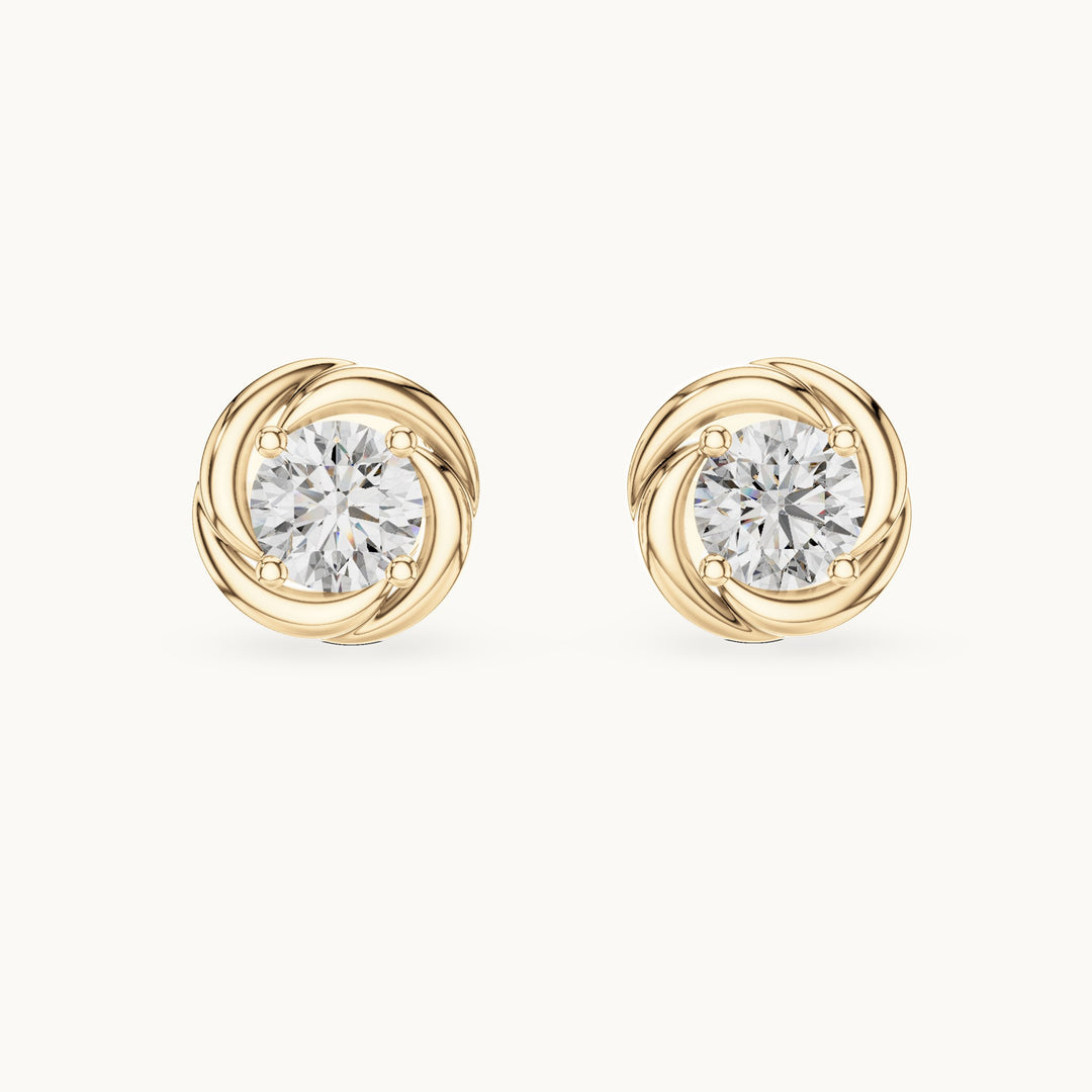 Round lab-grown diamond swirl bezel stud earrings in yellow gold, 0.478 CT TW, view 4