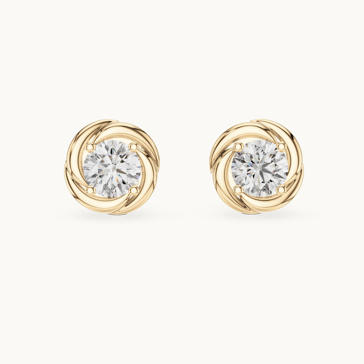 Round lab-grown diamond swirl bezel stud earrings in yellow gold, 0.478 CT TW, view 4