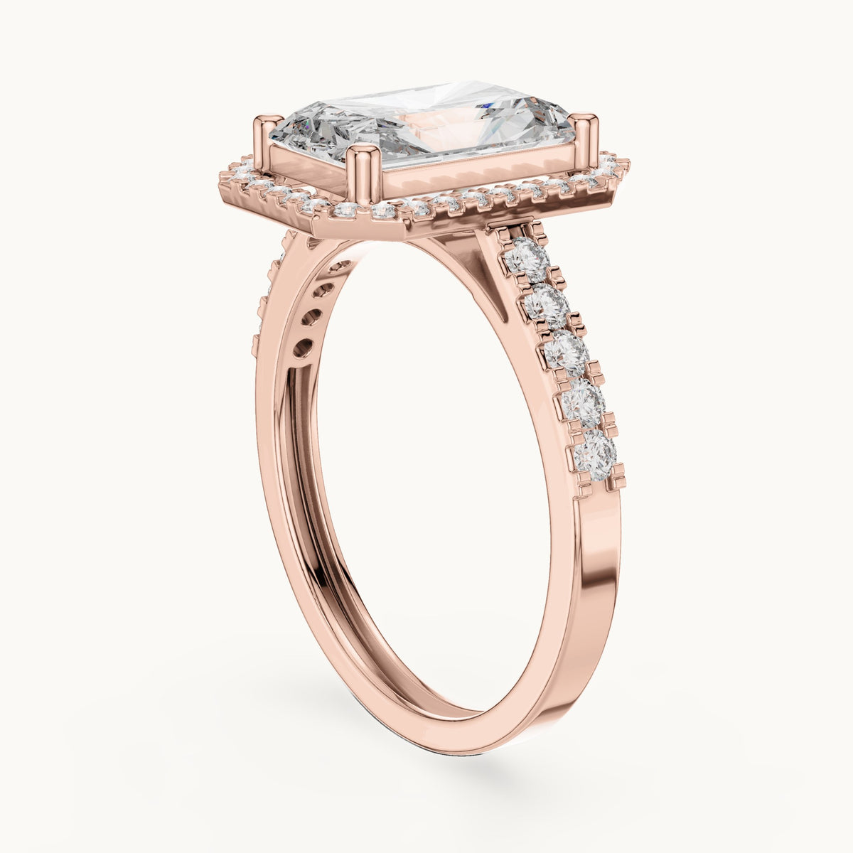 Radiant-cut and round lab-grown diamond halo engagement ring with pavé band in rose gold, 2.59 CT TW, view 1