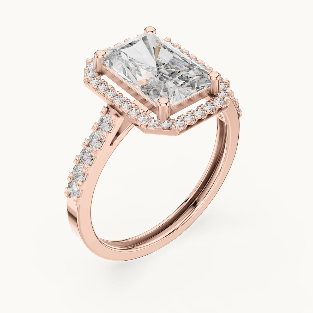 Radiant-cut and round lab-grown diamond halo engagement ring with pavé band in rose gold, 2.59 CT TW, view 2