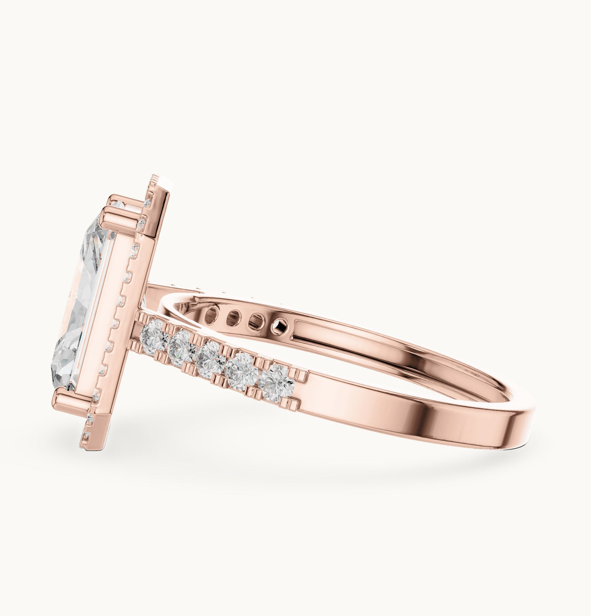 Radiant-cut and round lab-grown diamond halo engagement ring with pavé band in rose gold, 2.59 CT TW, view 3