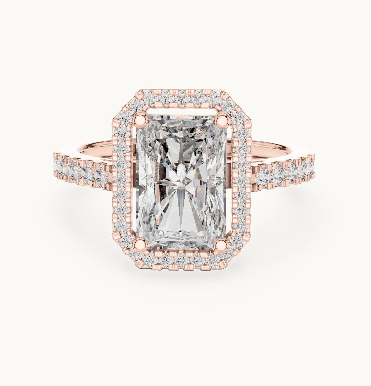 Radiant-cut and round lab-grown diamond halo engagement ring with pavé band in rose gold, 2.59 CT TW, view 4
