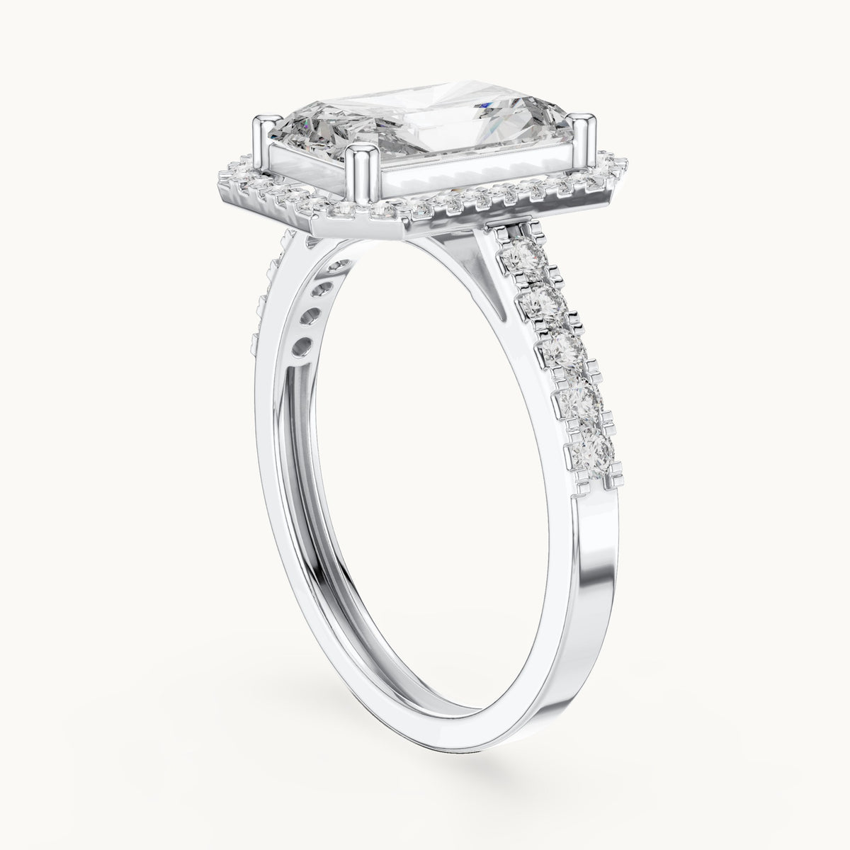 Radiant-cut and round lab-grown diamond halo engagement ring with pavé band in white gold, 2.59 CT TW, view 1