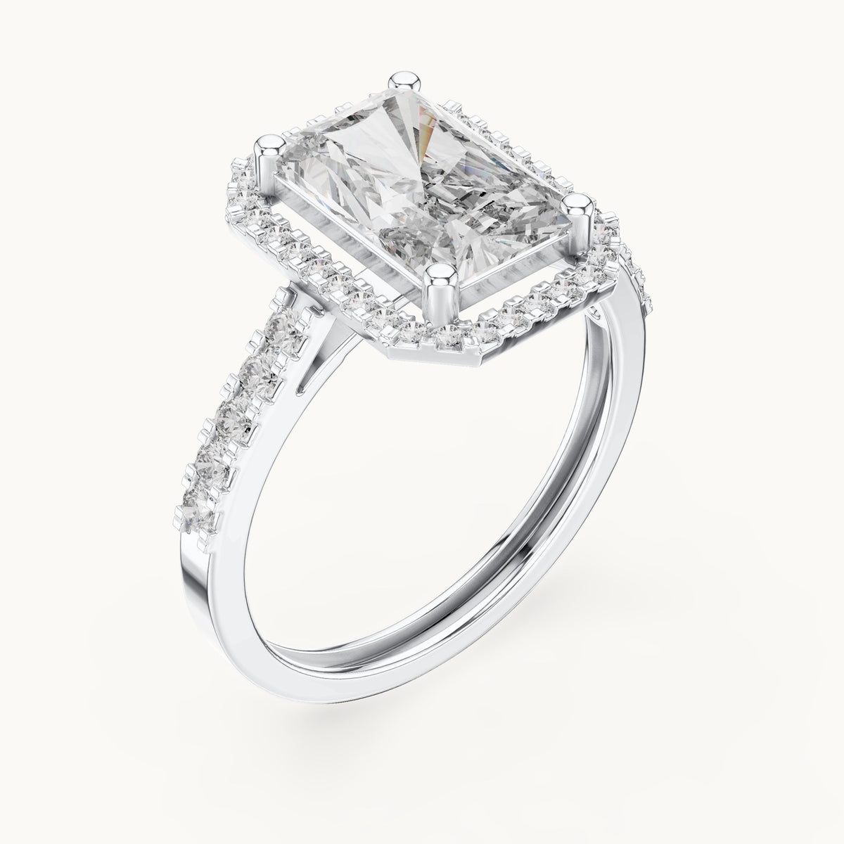 Radiant-cut and round lab-grown diamond halo engagement ring with pavé band in white gold, 2.59 CT TW, view 2
