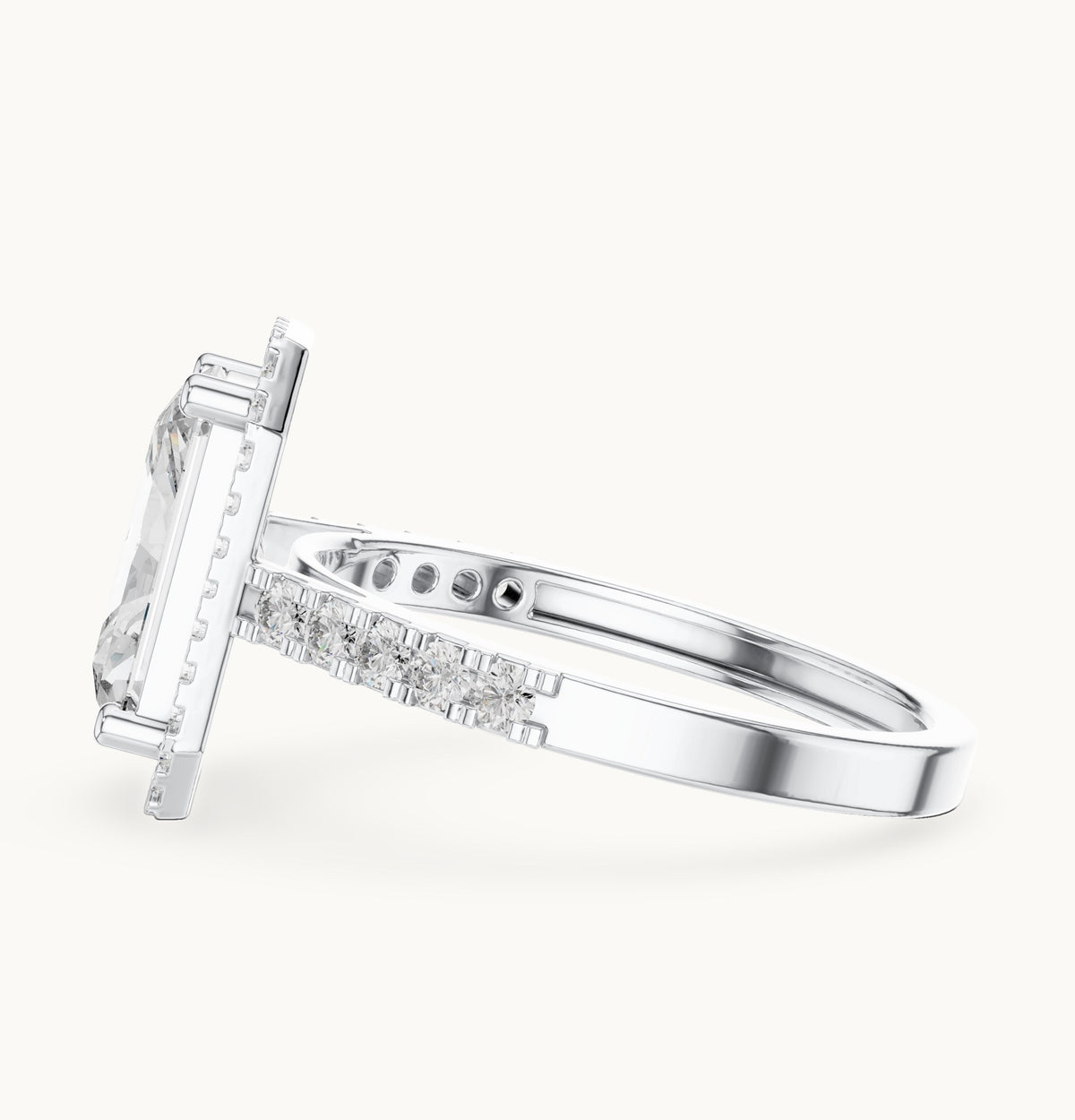 Radiant-cut and round lab-grown diamond halo engagement ring with pavé band in white gold, 2.59 CT TW, view 3