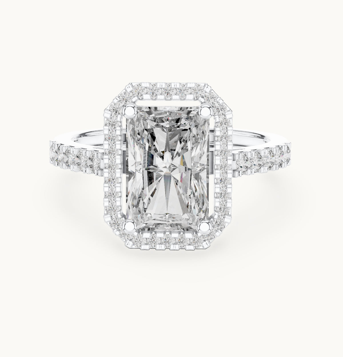 Radiant-cut and round lab-grown diamond halo engagement ring with pavé band in white gold, 2.59 CT TW, view 4