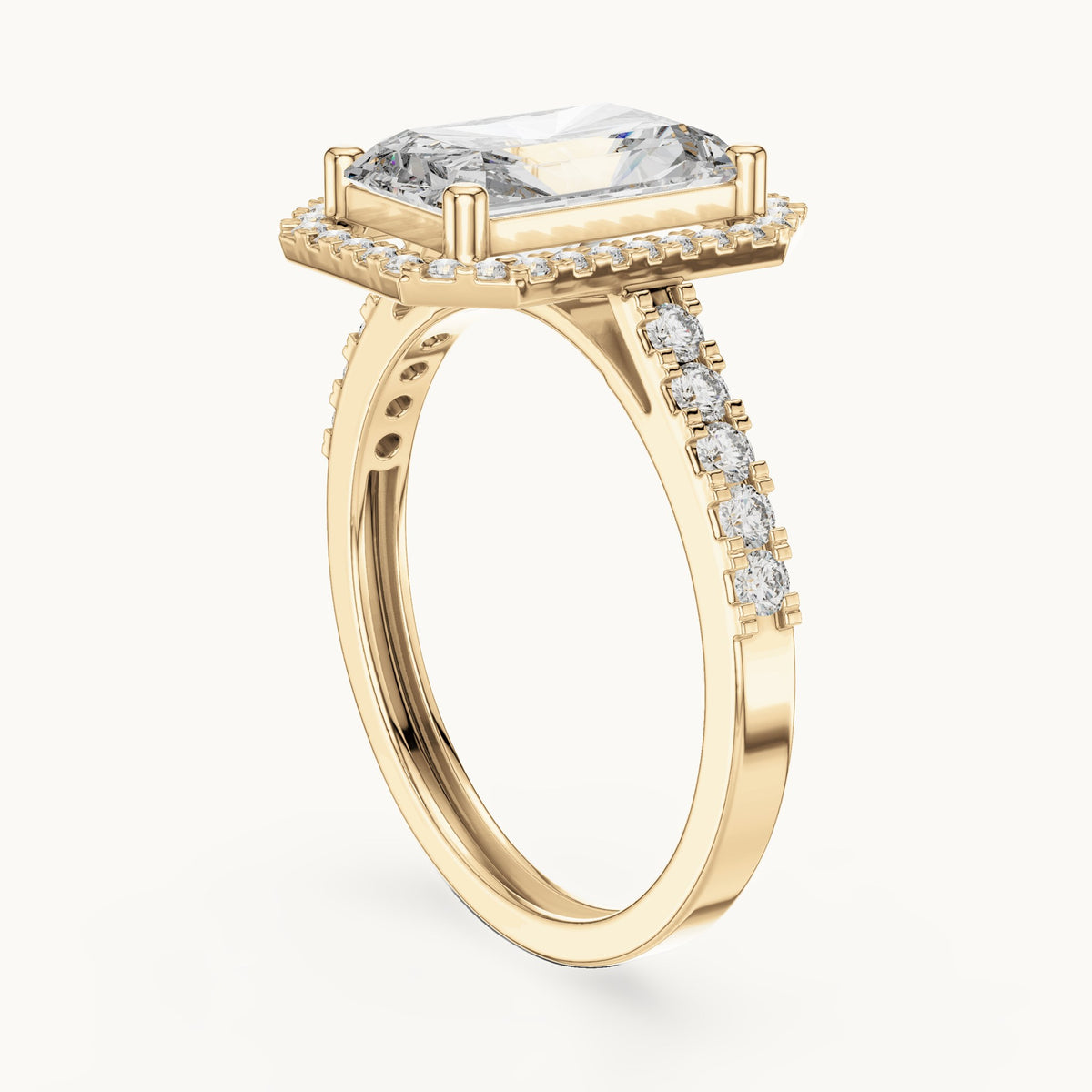 Radiant-cut and round lab-grown diamond halo engagement ring with pavé band in yellow gold, 2.59 CT TW, view 1