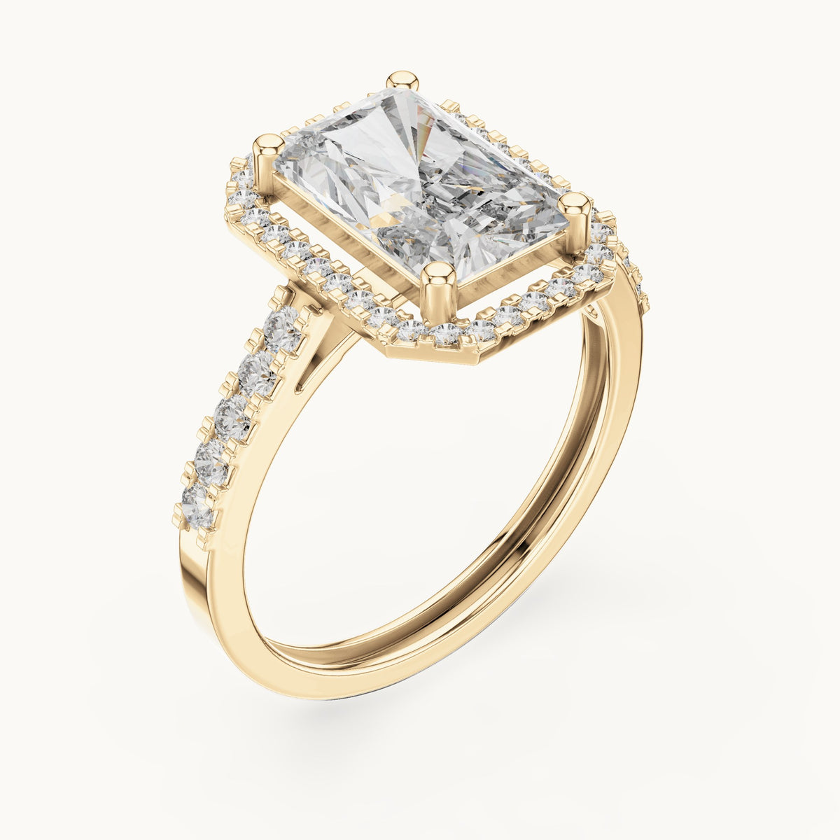 Radiant-cut and round lab-grown diamond halo engagement ring with pavé band in yellow gold, 2.59 CT TW, view 2