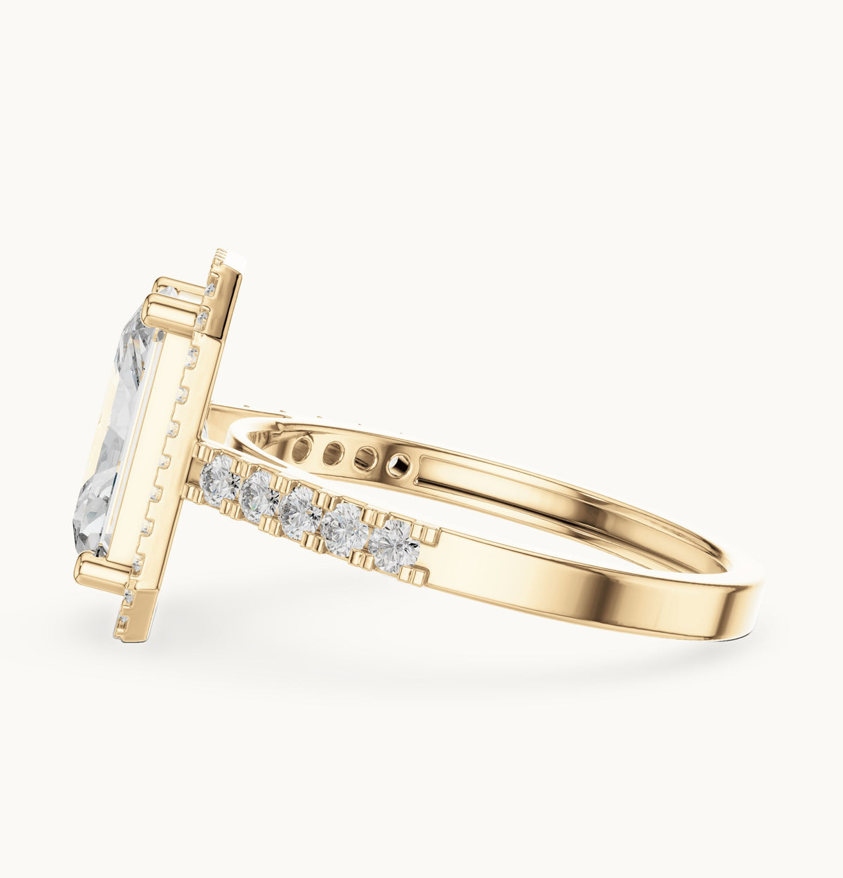 Radiant-cut and round lab-grown diamond halo engagement ring with pavé band in yellow gold, 2.59 CT TW, view 3