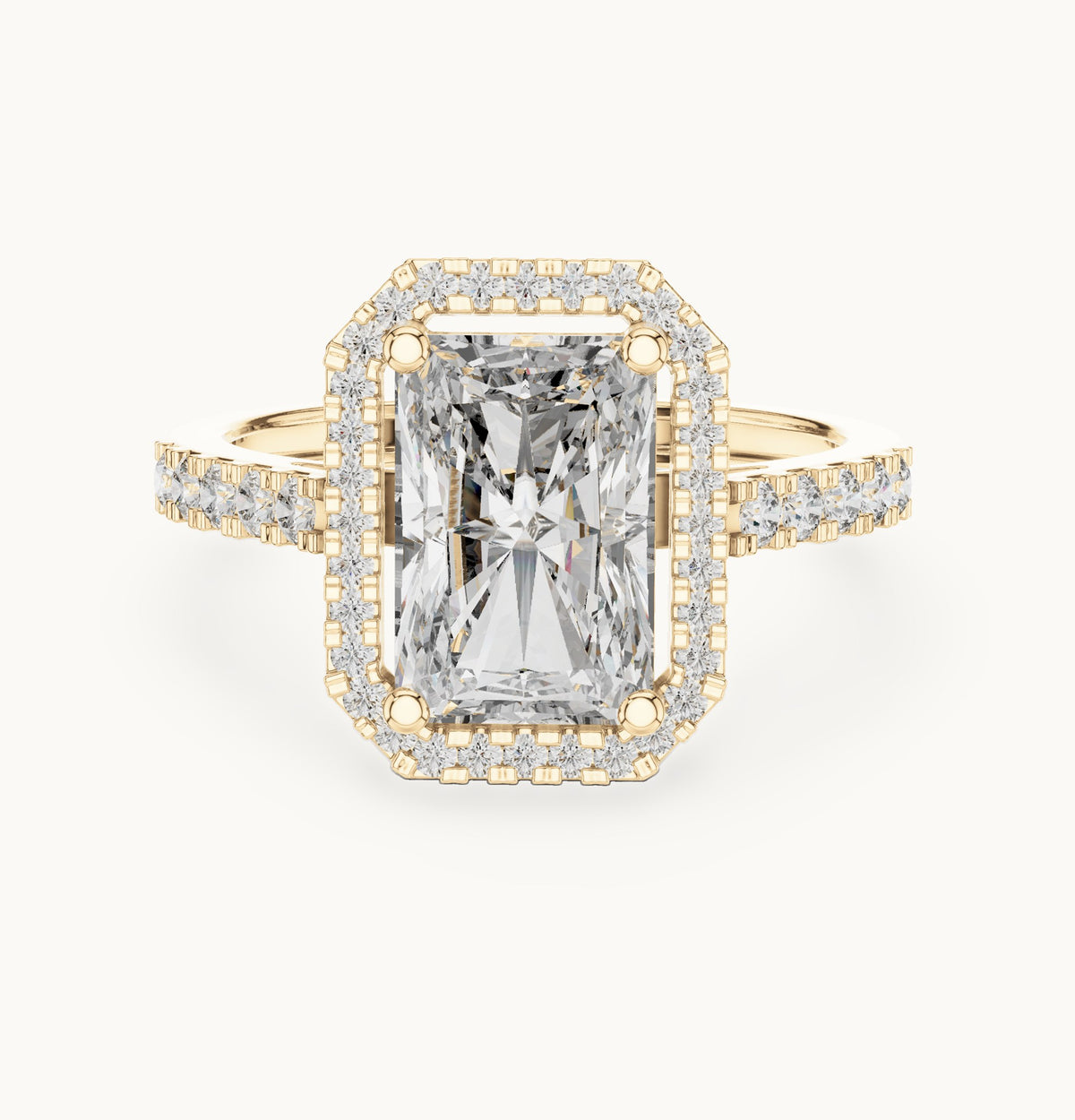 Radiant-cut and round lab-grown diamond halo engagement ring with pavé band in yellow gold, 2.59 CT TW, view 4