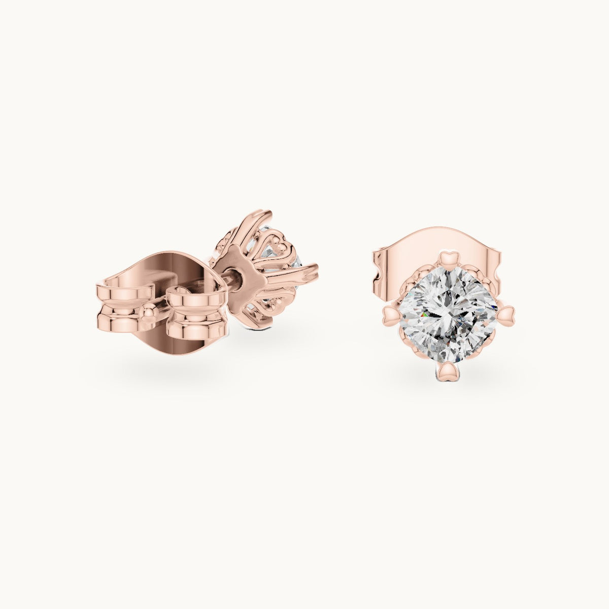 Cushion-cut lab-grown diamond solitaire stud earrings in rose gold, 1.00 CT TW, view 1