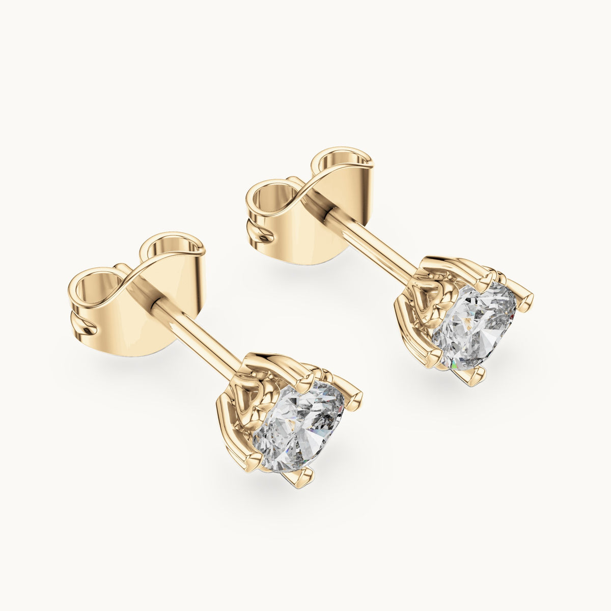 Cushion-cut lab-grown diamond solitaire stud earrings in yellow gold, 1.00 CT TW, view 2